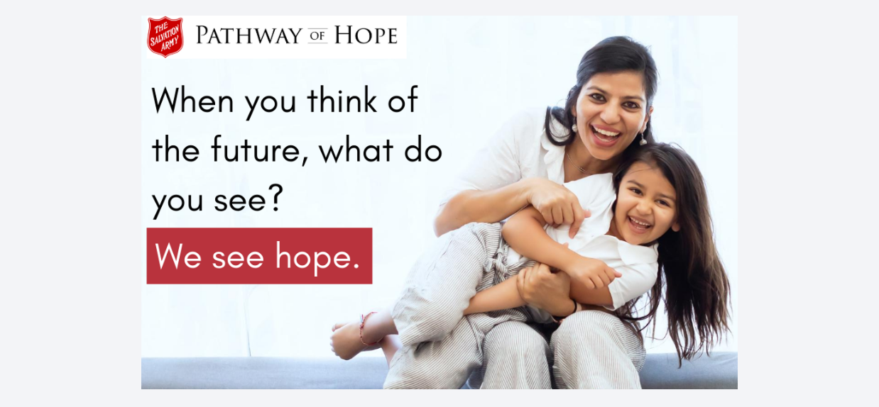 Promotional graphic for the Salvation Army Pathway of Hope program featuring an adult and child sitting together on a couch, with text that reads When you think of the future, what do you see? We see hope. alongside the Pathway of Hope logo.